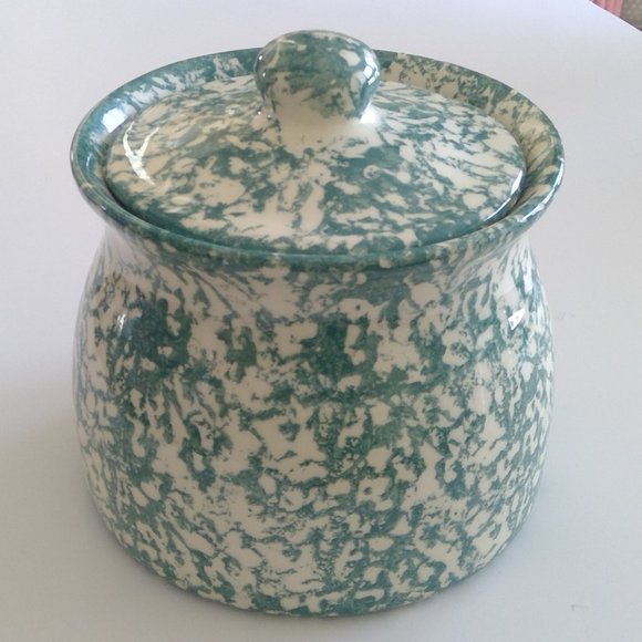 Green Spongeware Pottery Cottagecore Storage Jar w/Lid - Picture 1 of 10